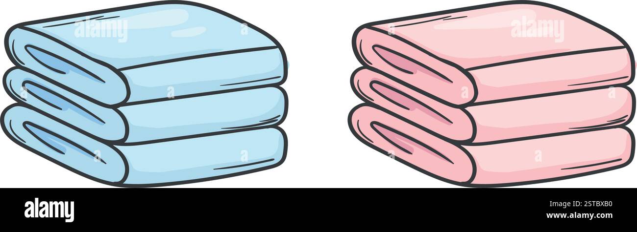 Stapel rosafarbener und blauer Handtücher für Jungen und Mädchen. Abbildung des Farbvektors. Bearbeitbares Bild für Kinderbuch, Aufkleber Stock Vektor