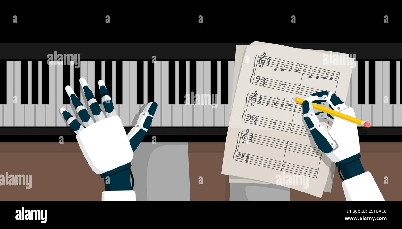 Roboter spielt Klavier und komponiert Musik, generative KI für Musikkonzept Stock Vektor
