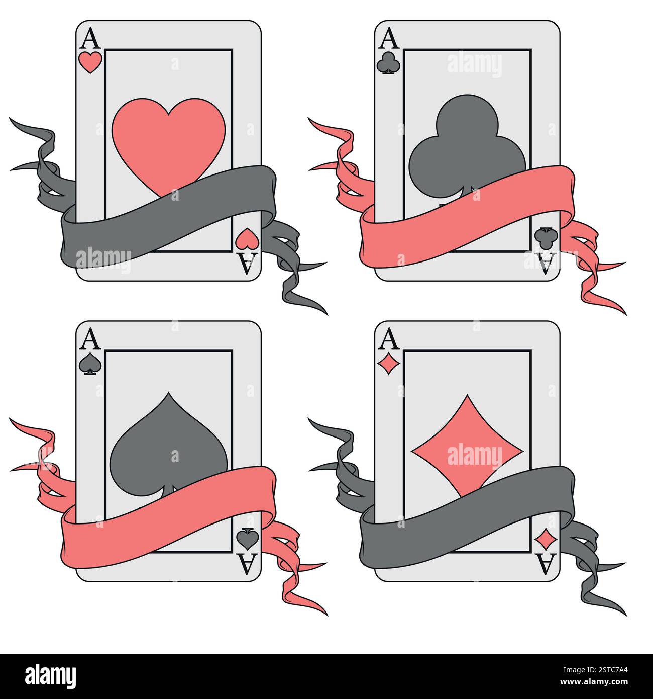 Pokerkarte, umgeben von einem Band, Poker-Symbole von Herz, Diamant, Club und Ass Stock Vektor