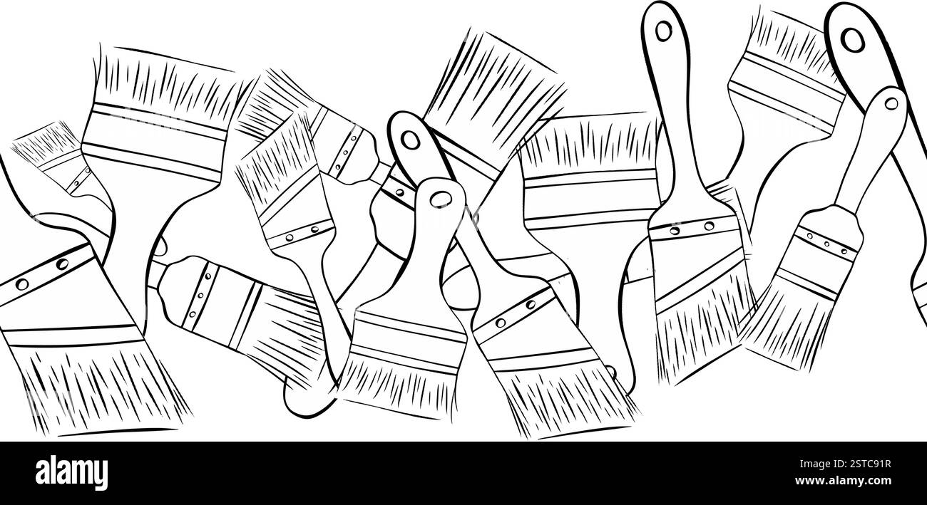 Pinsel nahtloser Rand. Grafische Linie Vektor Malerei Werkzeuge, Kunstbedarf. Dickes und dünnes Borstenset. Pinsel unterschiedlicher Größe, Form, t Stock Vektor