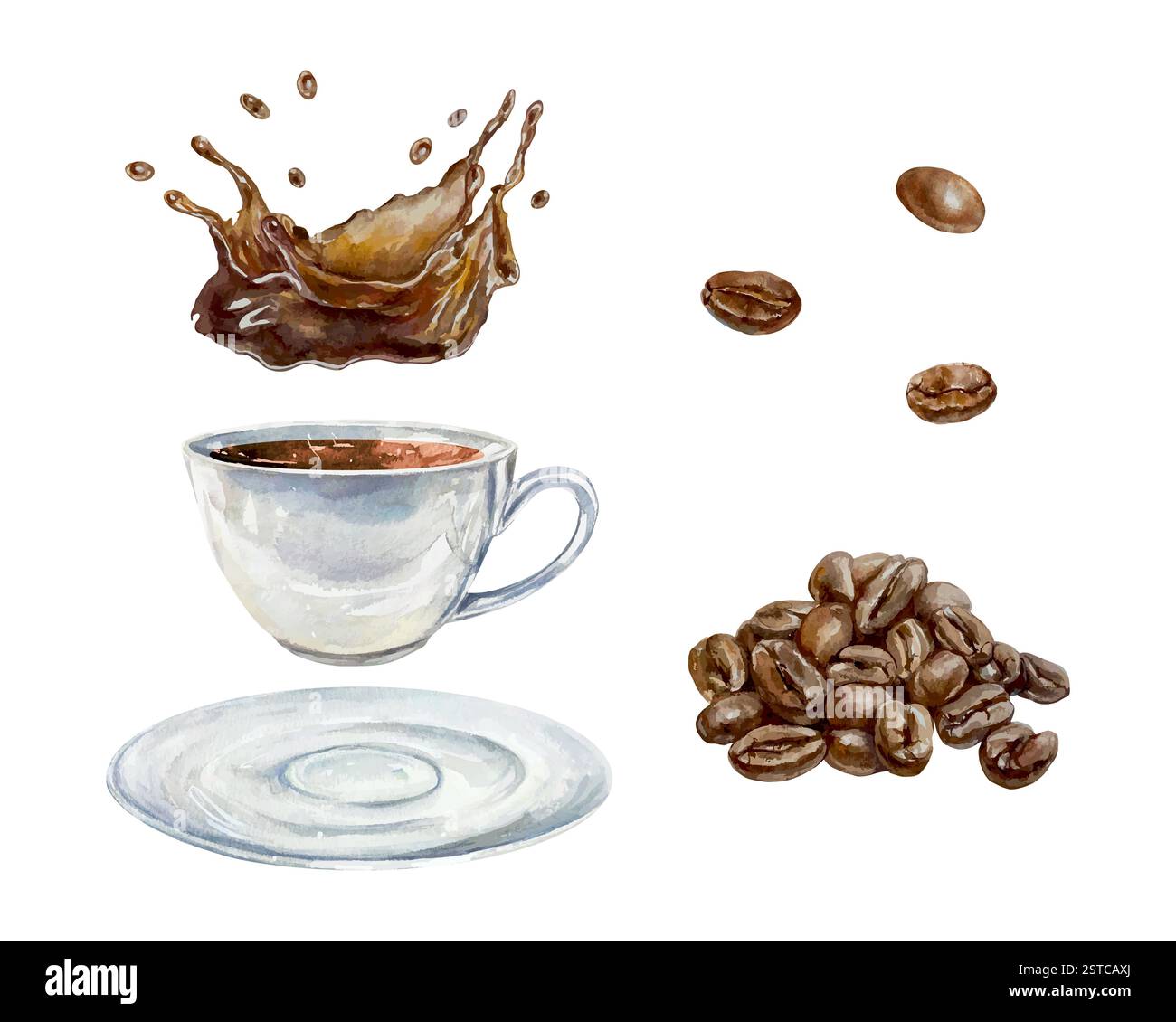 Tasse Kaffee, Bohnen, Spritzer Drink, Aquarell. Handgezeichnete Vektorgrafik. Für Ansichtskarten, Einladungen, Poster für gemütliche Cafés, große Banner f Stock Vektor