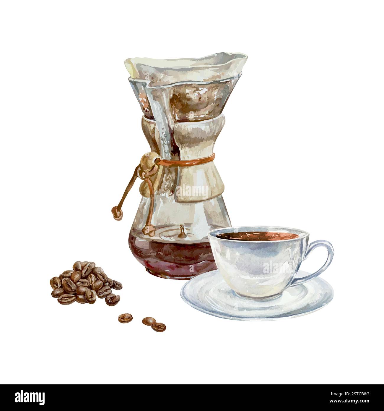 Kaffeefilter, Tasse mit Untertasse, geröstete braune Bohnen, Aquarell. Handgezeichnete Vektorgrafik. Für Ansichtskarten, Einladungen, Poster für gemütliche Cafés, l Stock Vektor