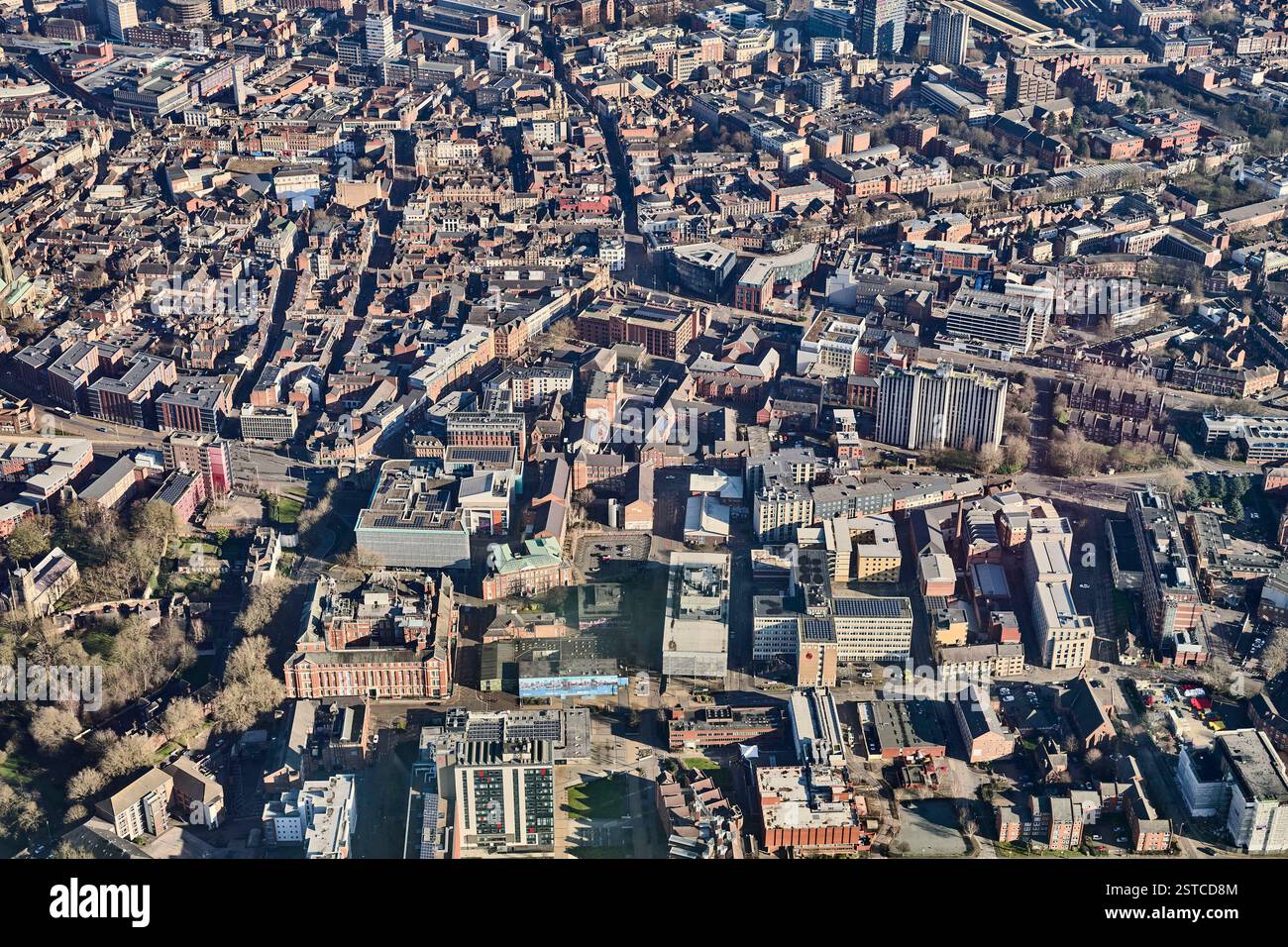 Luftaufnahme des Stadtzentrums von Leicester, East Midlands, England, Großbritannien Stockfoto