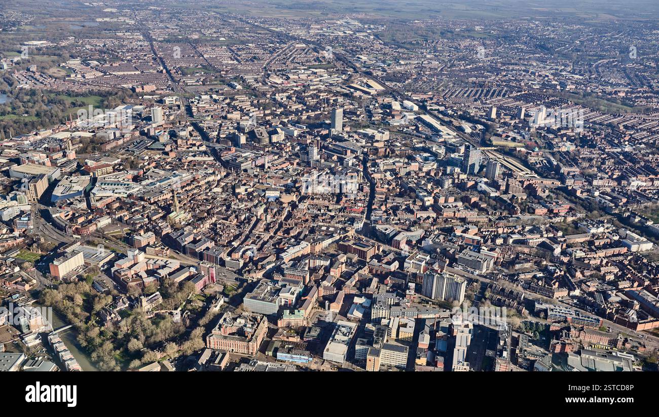 Luftaufnahme des Stadtzentrums von Leicester, East Midlands, England, Großbritannien Stockfoto