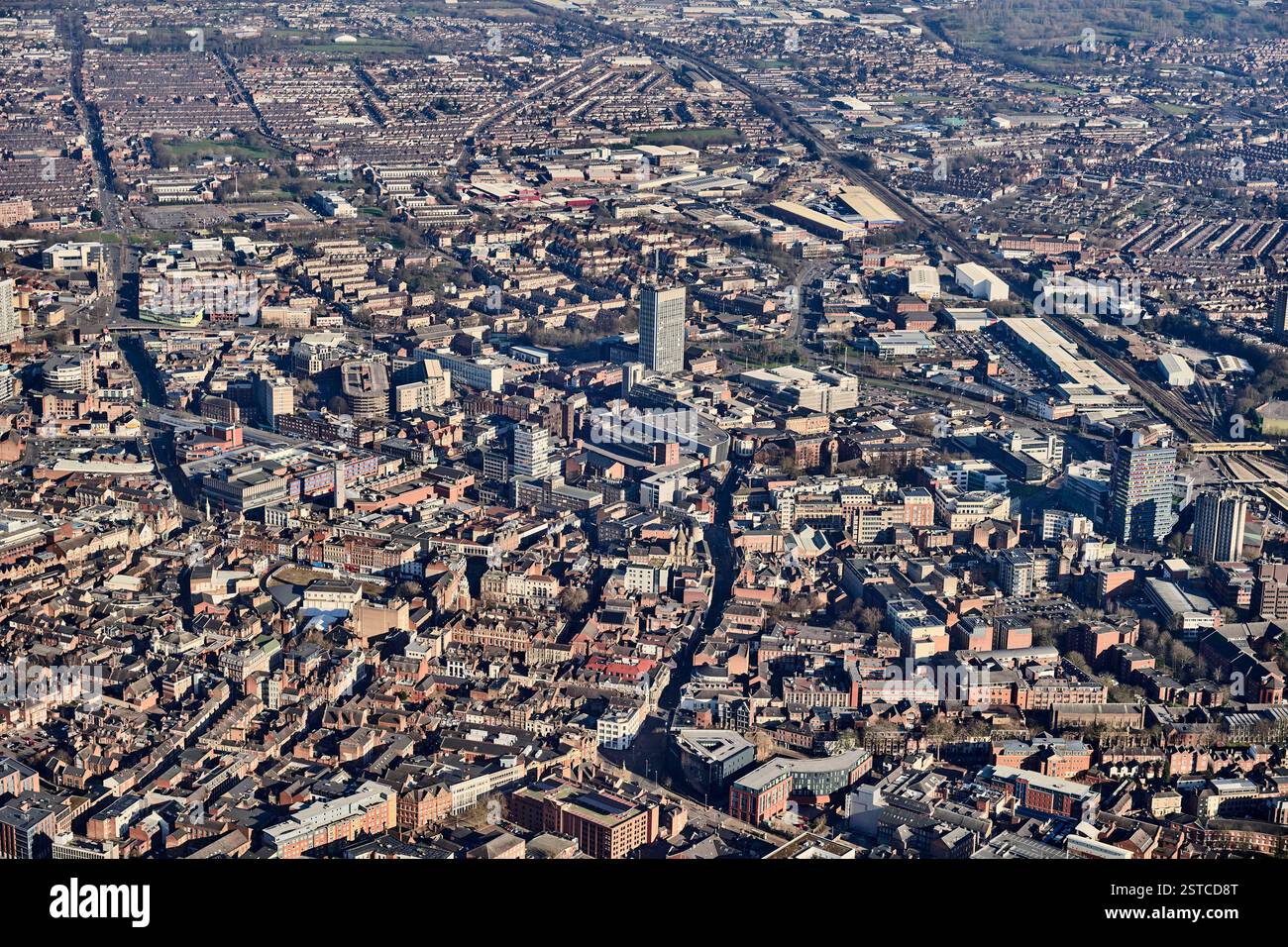 Luftaufnahme des Stadtzentrums von Leicester, East Midlands, England, Großbritannien Stockfoto