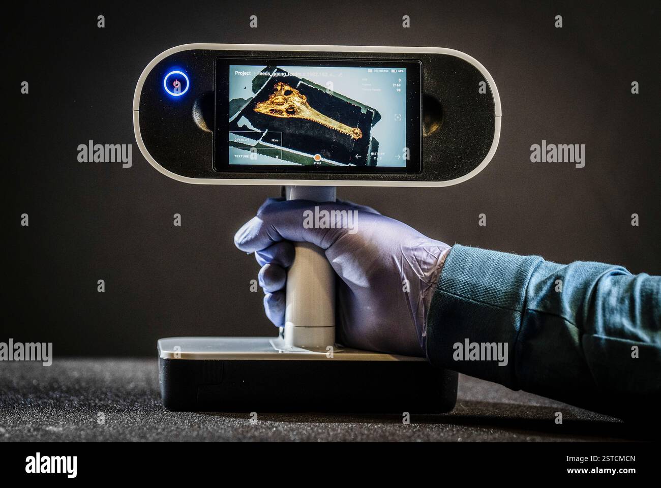 Patrick Hennessey, Doktorand am Centre for Integrative Anatomy des University College London, sieht im Leeds Discovery Centre einen High-Tech-3D-Scan eines großen Gharialschädels. Gghariale sind ein vom Aussterben bedrohtes Krokodil, das in einer Handvoll Flüsse in Indien und Nepal beheimatet ist. Bilddatum: Dienstag, 18. Februar 2025. Stockfoto