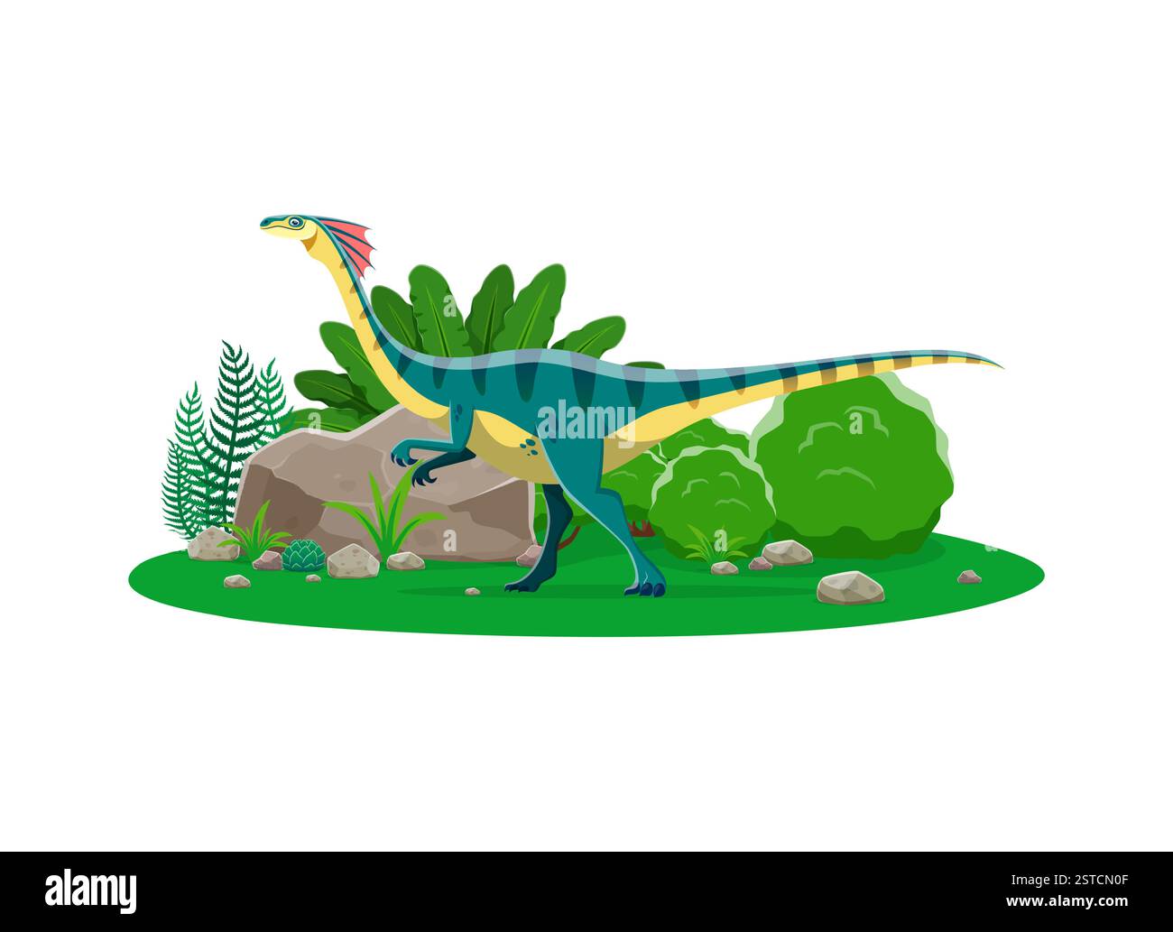 Gallimimus prähistorischer Dinosaurier, der zwischen üppigen tropischen Pflanzen und Bäumen spaziert. Vektor-Landschaft aus der Antike mit üppigem Grün und Cartoon Dino Cha Stock Vektor