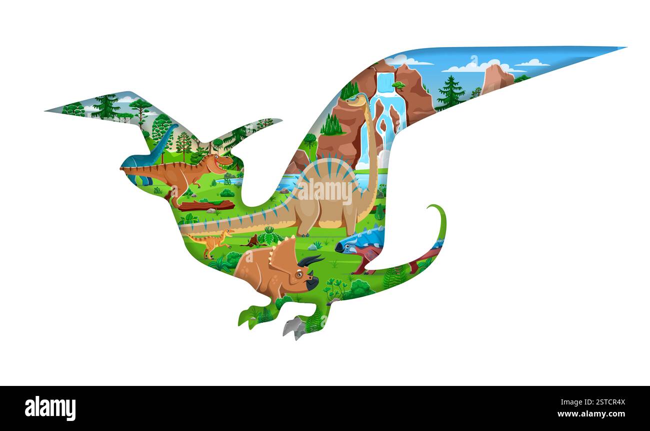 Prähistorische fliegende Dinosaurier-Silhouette mit jurassischen Eidechsen und Reptilien, Vektorbanner. Pteranodon-Dinosaurier-Silhouette in Papierform mit T re Stock Vektor