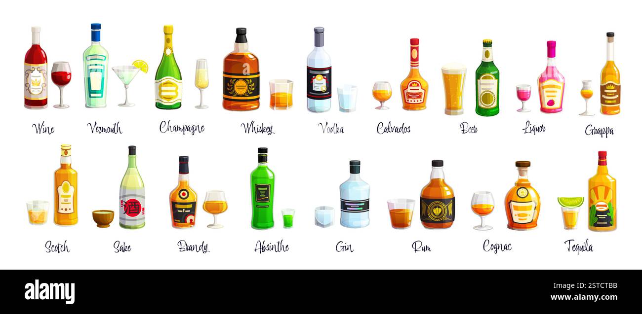 Zeichentrickflaschen, Likör und Weingetränke, Vektor-alkoholische Getränke mit Gläsern. Wodka, Whiskey, Rum und Bier, Champagner, Tequila, Gin und ab Stock Vektor