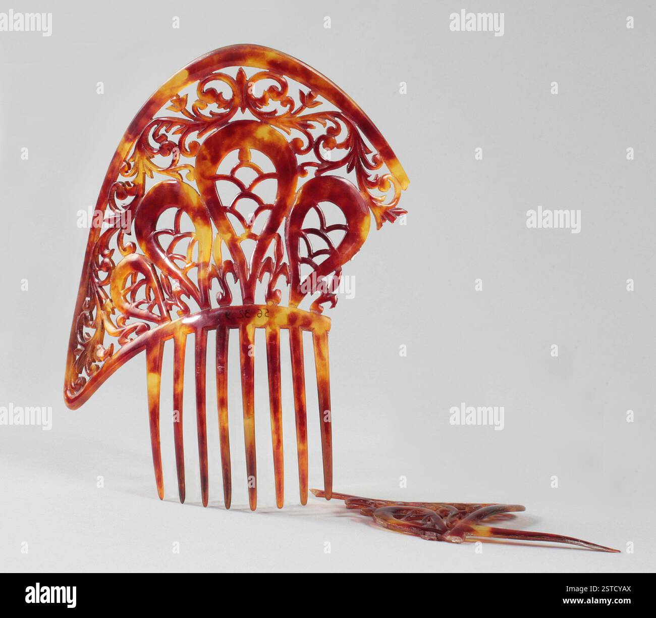 Durchbrochenes Dekor mit progressiven Blütenmotiven, mit einem Pflanzennetz aus Rippen und Rollen in der Mitte, das dem Design komplizierte Details verleiht. Stockfoto