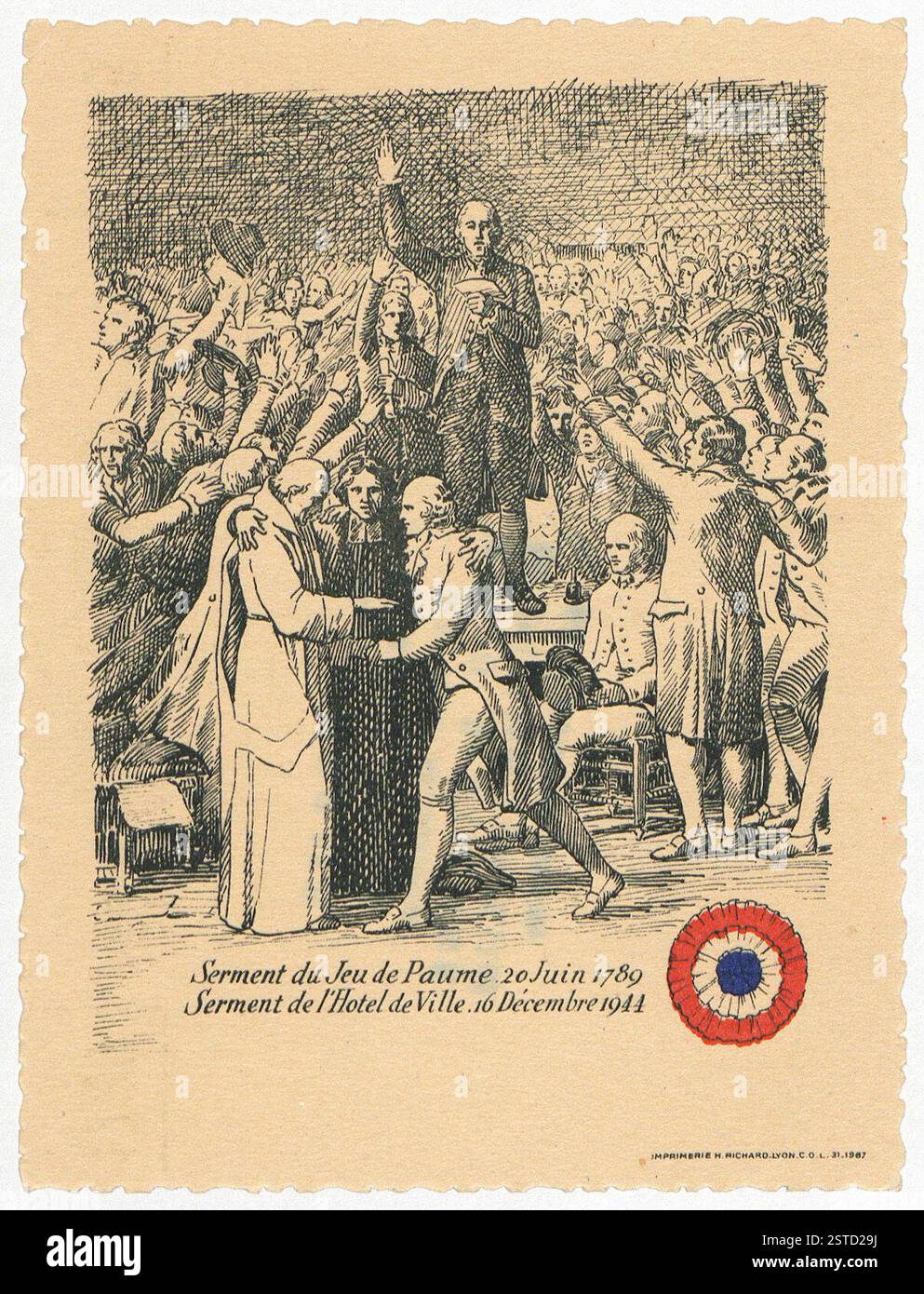 Dies ist eine Reproduktion der zentralen Szene aus Jacques-Louis Davids Gemälde, die die Verbrüderung zwischen Pastor Jean-Paul Rabaut Saint-Etienne, Le Moine Dom Gerle und Pater Grégoire darstellt. Die Szene symbolisiert eine neue Ära religiöser Toleranz. Stockfoto