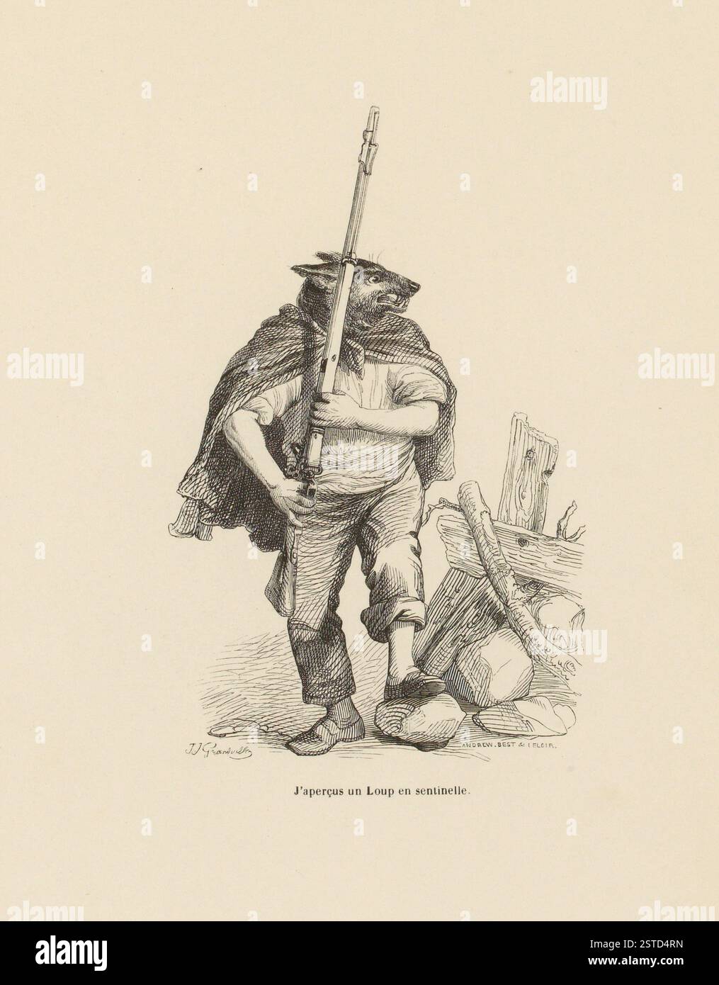 Eine Karikatur aus der Serie „Szenen der Privatsphäre der Tiere“, die einen Wolf zeigt, der ein Gewehr in einer wachsamen Haltung hält. Die verspielte und satirische Illustration stellt den Wolf als aufständische Figur dar, die Tierleben mit menschlichen Rollen verbindet. Stockfoto