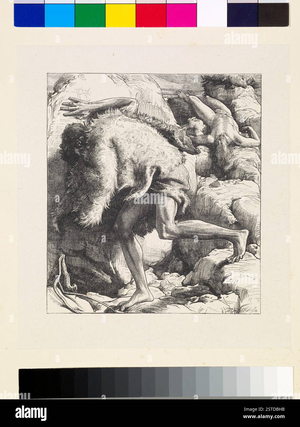 Holzstich aus dem Jahr 1881, der die biblische Geschichte von „Kain und Abel“ darstellt, entworfen von Lord Frederic Leighton und graviert von Dalziel Brothers, gedruckt auf Indien-Papier in einem gebundenen Band. Stockfoto