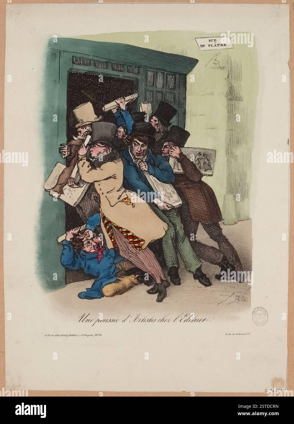 In einer lebhaften Szene drängen sich Künstler, ihre Werke an der Porte de l’Editeur in der Rue du Plaâtre einzureichen. Der lithographische Stein symbolisiert die Verbindung zwischen Kunstschaffen und der Druckindustrie im historischen Paris. Stockfoto