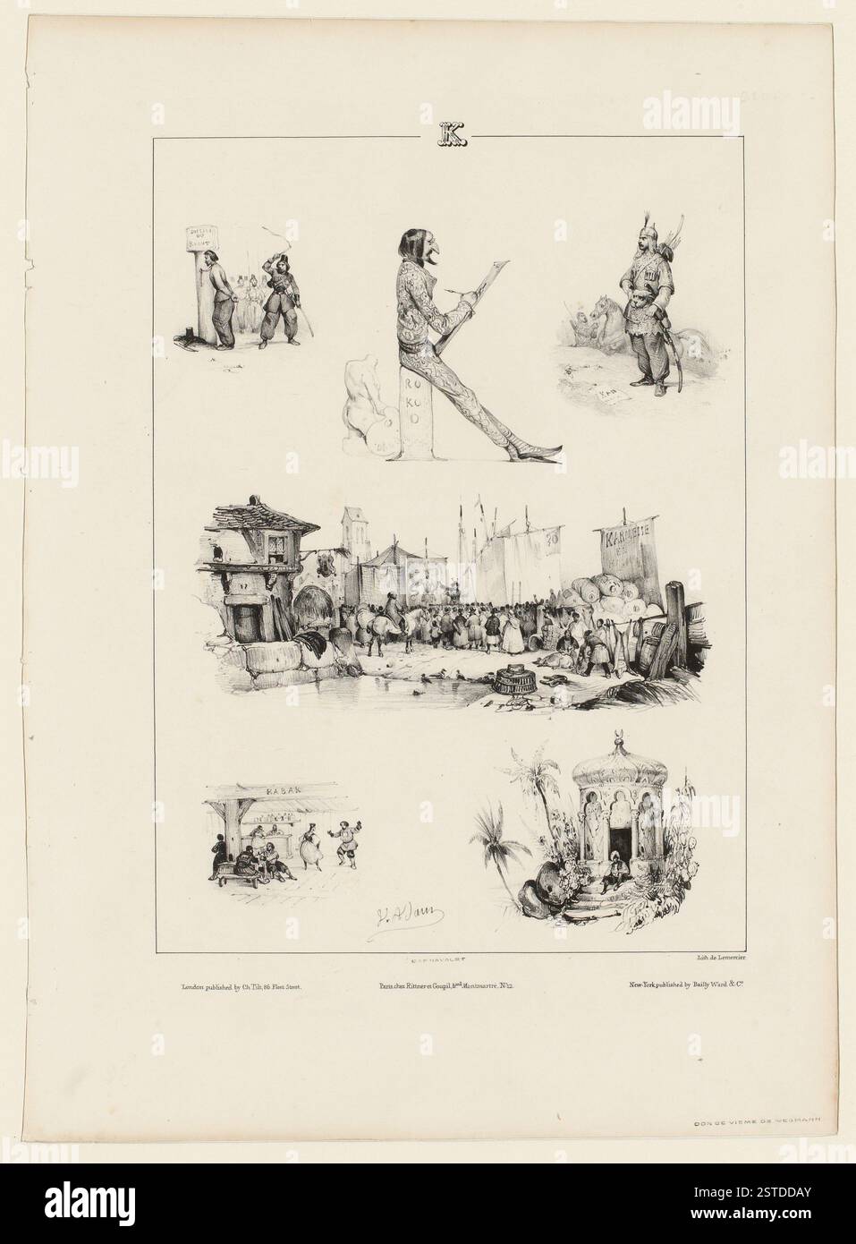 Verschiedene Szenen, die den Buchstaben K repräsentieren oder deren Name mit diesem Buchstaben beginnt: Der Knout, der Buchstabe K, kan, eine Messe, ein Kabak, ein Kiosk. Stockfoto