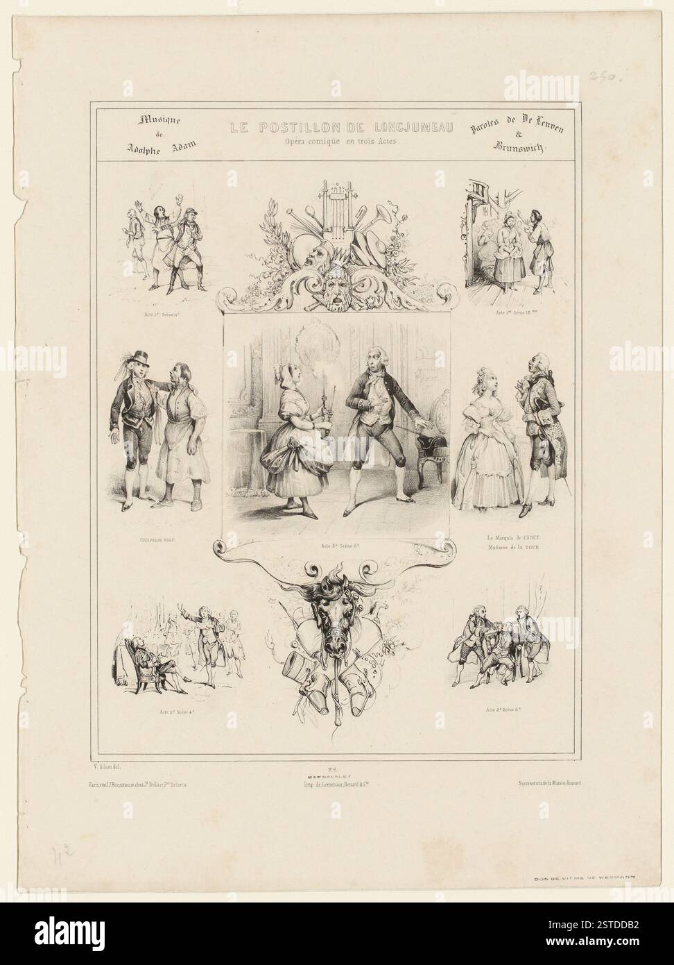 7 Charaktere des Stücks, Hauptszenen der Acts, in der Mitte hält ein Chambrière zwei Kerzenleuchter und spricht mit einem überraschten oder verängstigten Mann. In H. von der Musik-Trophäenszene Masken, in B. Horse Head, Postilion Stiefel und Hut Stockfoto 7 Charaktere des Stücks, Hauptszenen der Acts, in der Mitte hält ein Chambrière zwei Kerzenleuchter und spricht mit einem überraschten oder verängstigten Mann. In H. von der Musik-Trophäenszene Masken, in B. Horse Head, Postilion Stiefel und Hut Stockfoto