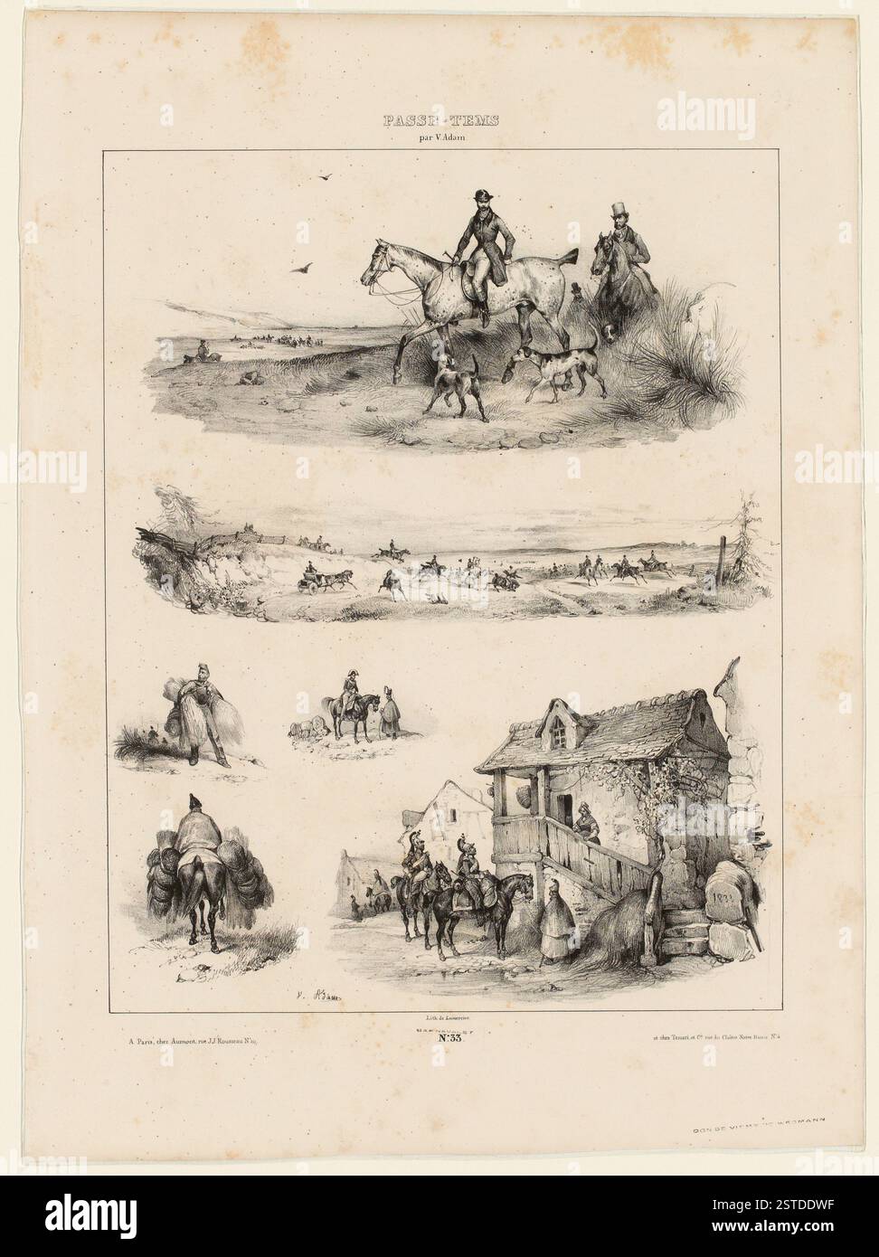 Curryjagd, Heubetankung, Drachen auf der Suche nach Unterkunft und Soldaten in 6 Vignetten, die Momente des ländlichen Lebens und der militärischen Aktivität festhalten. Stockfoto