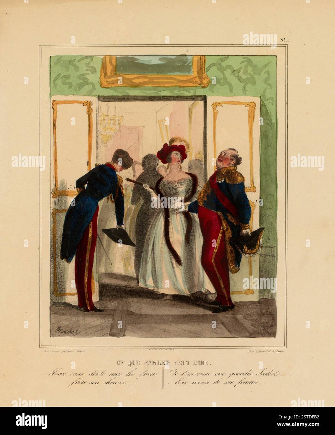 In einem eleganten Innenraum unterhalten sich ein alter Mann und seine Frau mit einem jungen Mann, der neben dem Türrahmen steht. Die Einrichtung ist im Stil des 19. Jahrhunderts gehalten und mit detaillierten Möbeln und Kleidung ausgestattet. Stockfoto