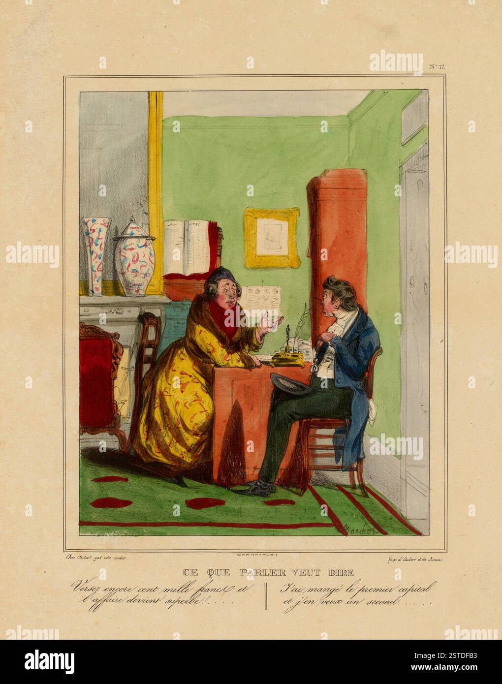 Zwei Charaktere sitzen in einem recht eleganten Interieur, mit Vintage-Möbeln und einem Schwerpunkt auf dem Stil des 19. Jahrhunderts. Die Szene vermittelt einen Moment der Entspannung oder der sozialen Interaktion. Stockfoto