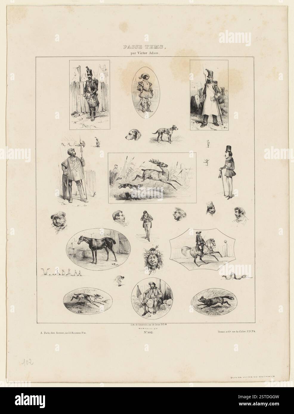 26 Vignetten mit Soldaten aus dem 17. Jahrhundert, einer Trommel, einem Sapper, einem Halberdier, einem Jagdhund, der einen Hirsch jagt, einer Schlange, einem Wolf, einem Seemann, Karikaturen, und vieles mehr. Stockfoto