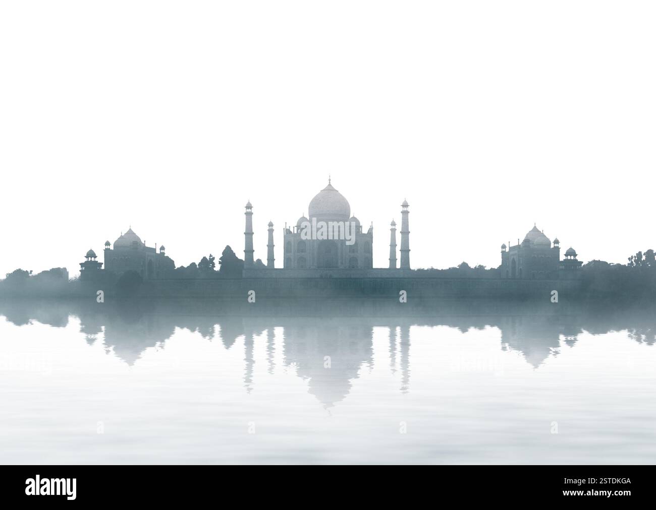 Indiens Wahrzeichen - Taj Mahal Panorama mit Nebel Stockfoto