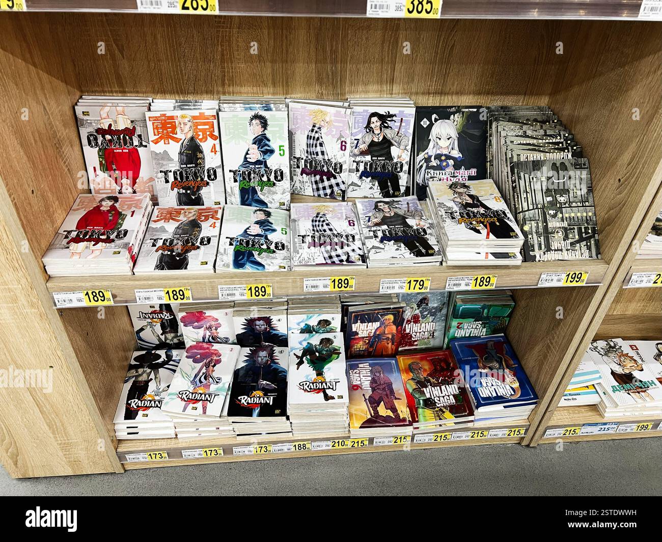 Lviv, Ukraine - 16. Februar 2025: Bücherregal mit organisierten Sammlungen von Manga-Serien mit lebendigen und detaillierten Cover-Kunstwerken Stockfoto