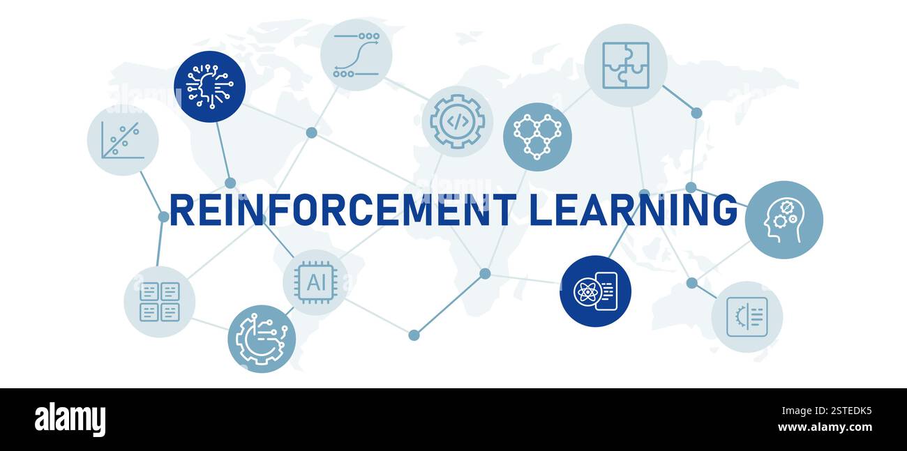 Verstärkung Lernen Symbol Set Illustration Moderne Technologie KI künstliche Intelligenz Algorithmus Analyse Verarbeitung Daten Lernen Maschinensystem Stock Vektor