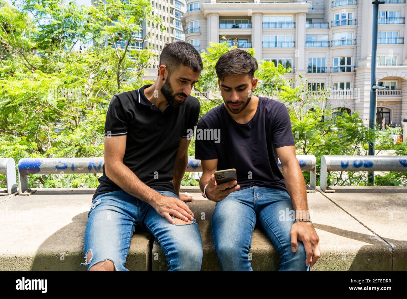 Zwei junge Männer sitzen dicht auf einer Betonbarriere, in ein Smartphone vertieft, umgeben von üppigem Grün und städtischen Gebäuden Stockfoto