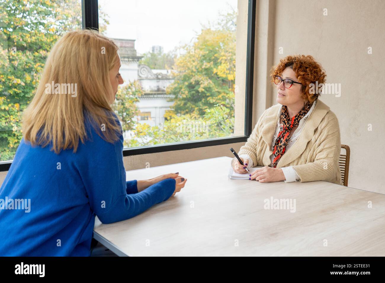 Zwei Frauen im mittleren Erwachsenenalter sitzen an einem Tisch, während eine Frau sich Notizen macht, während die andere redet und einen Moment der Verbundenheit und des Engagements zeigt Stockfoto