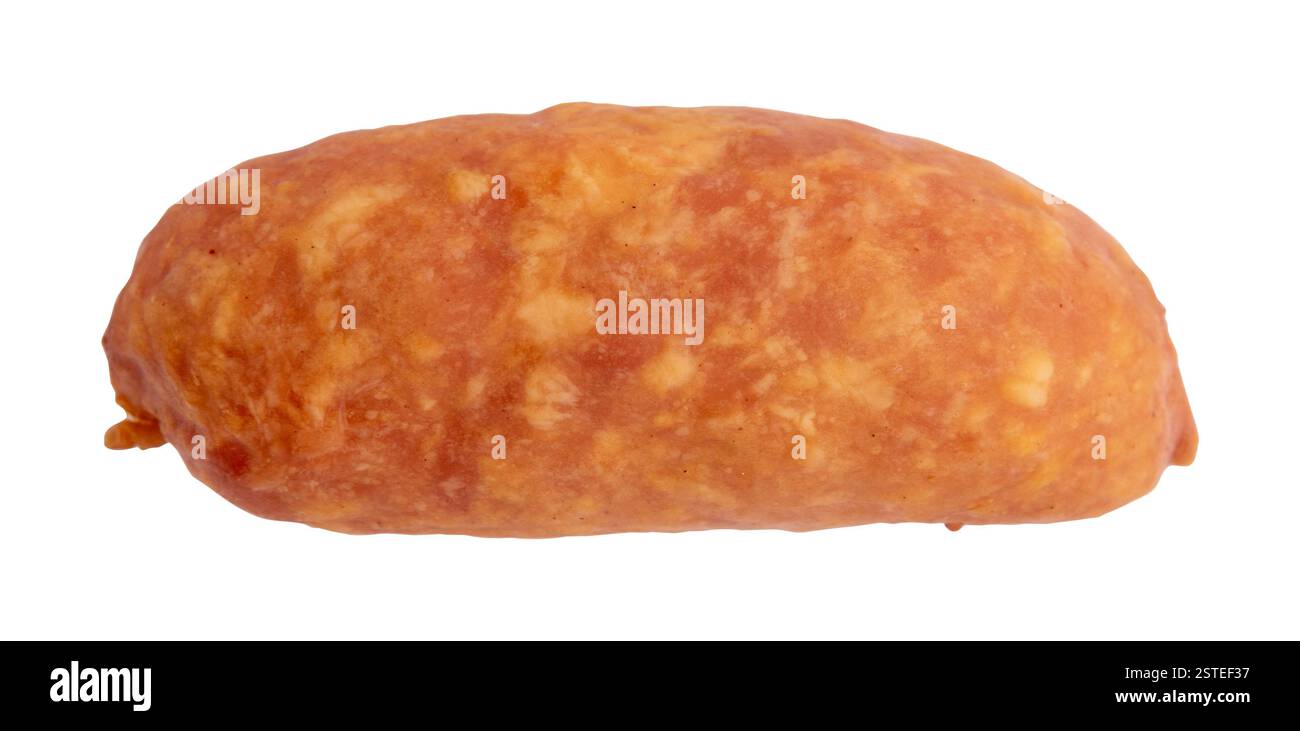 Geräucherte Wurst, jess-Wurst isoliert auf weißem Hintergrund mit Schneidepfad, Blick von oben, Nahaufnahme, traditionelle Fleischwurst mit natürlichem Knoblaucharoma Stockfoto