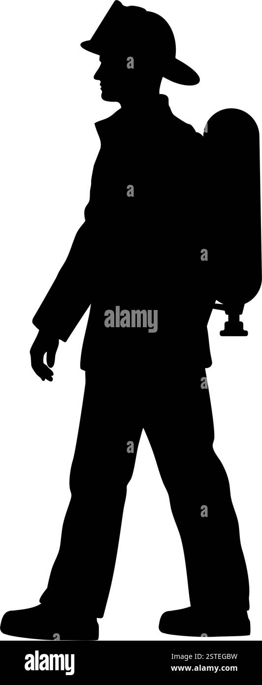 Silhouette eines Feuerwehrmannes, der mit Feuerwehrausrüstung Vektor-Illustration läuft Stock Vektor