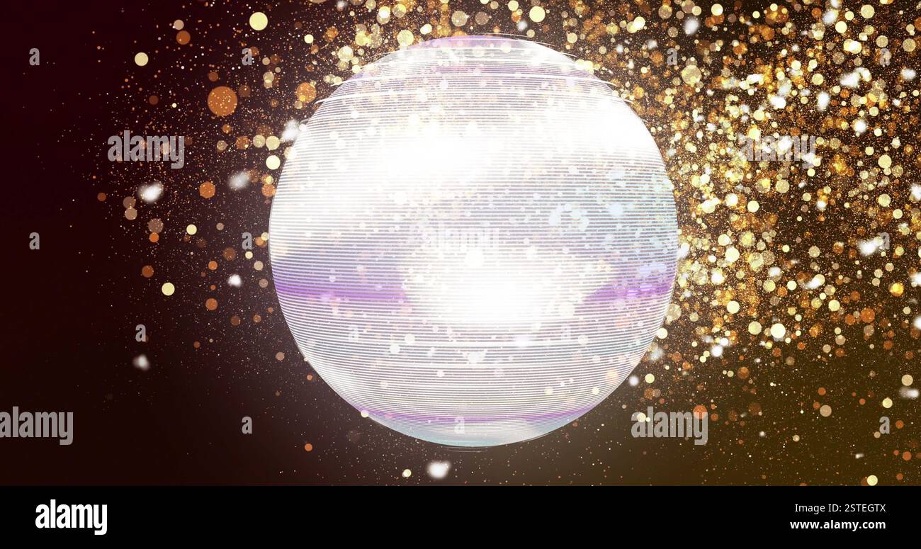 Leuchtende Kugel mit horizontalen Linien und goldenen Partikeln, digitales Bild Stockfoto