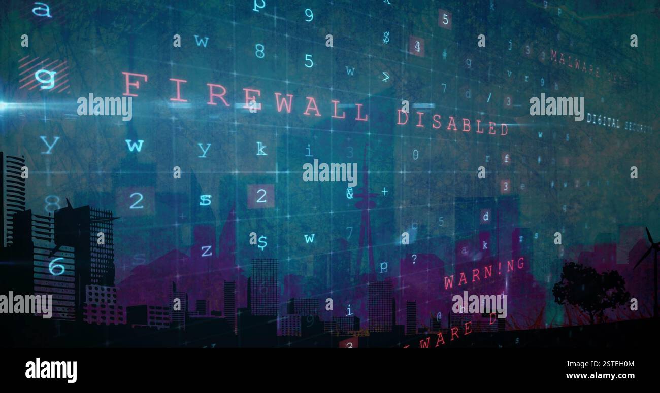 Cyberkriminalität und Malware haben Textbilder über Stadtlandschaft mit digitalem Code entdeckt Stockfoto