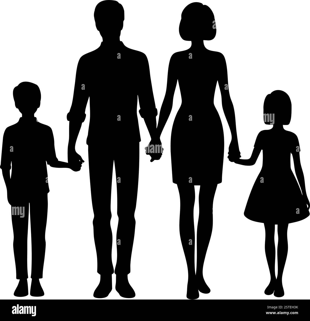 Silhouette einer Familie mit einem Mann, einer Frau, einem Sohn und einer Tochter, die Hände hält Vektor-Illustration Stock Vektor