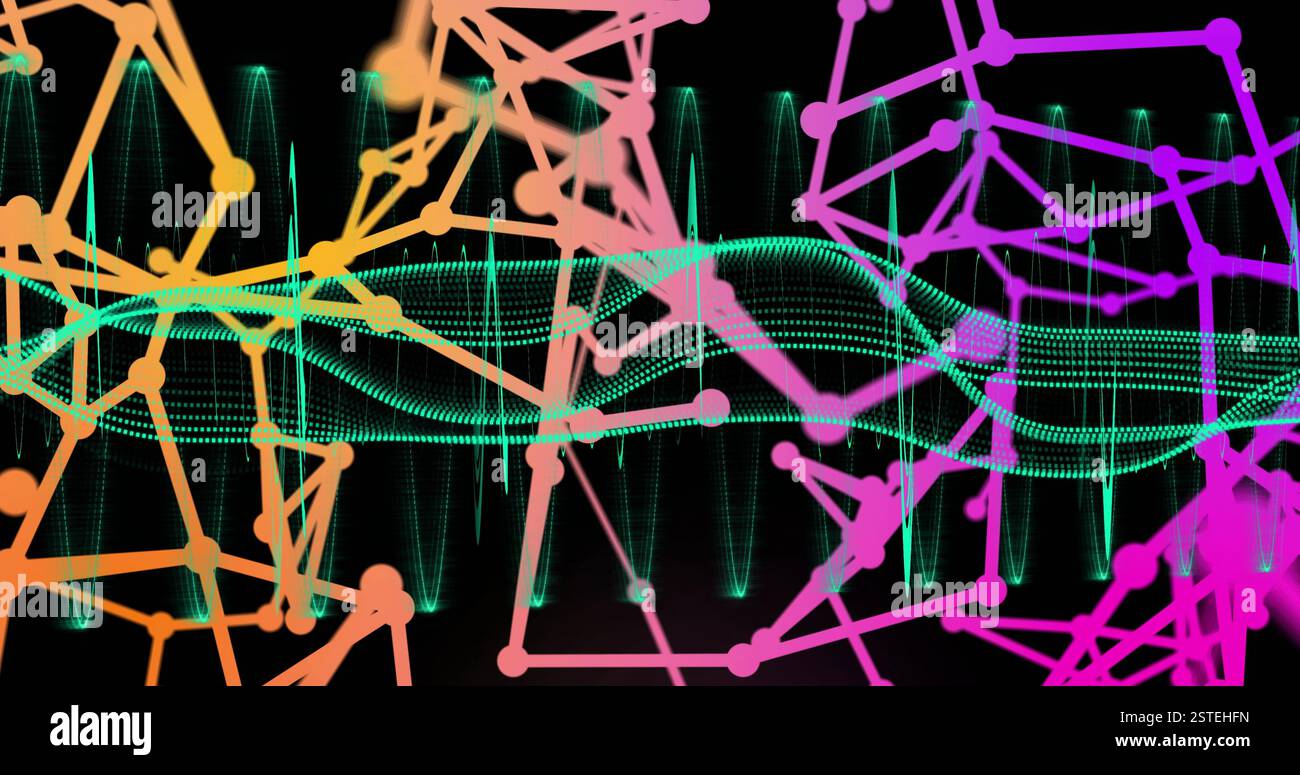 Farbenfrohe geometrische Formen und Linien werden über Schallwellen und Equalizer dargestellt Stockfoto