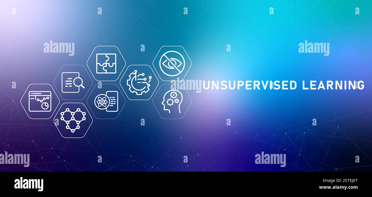 Unbeaufsichtigtes Lernen Gradienten Header kognitives Denken maschinelle intelligente Technologie Automatisierung selbstlernende Programmierung Algorithmus Analyse KI Stock Vektor