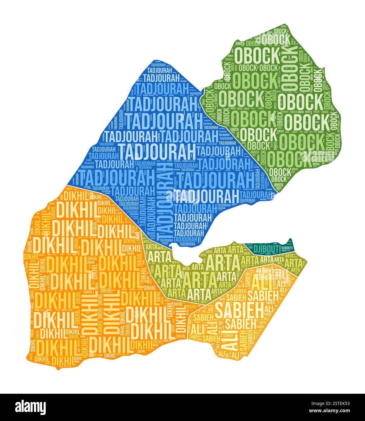 Dschibuti-Form. Country Wortwolke mit Bereichsbereich. Dschibuti farbige Illustration. Bereichsnamen Cloud. Vektorabbildung. Stock Vektor