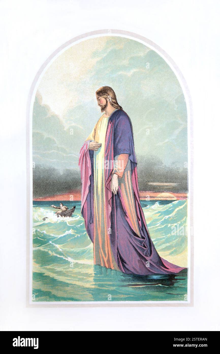 Chromo-Lithografie von Jesus Christus, der auf dem Wasser geht, um seine Schüler im Sturm (Evangelium) aus dem Antiken 19. Jahrhundert die praktische und hingebungsvolle Stockfoto