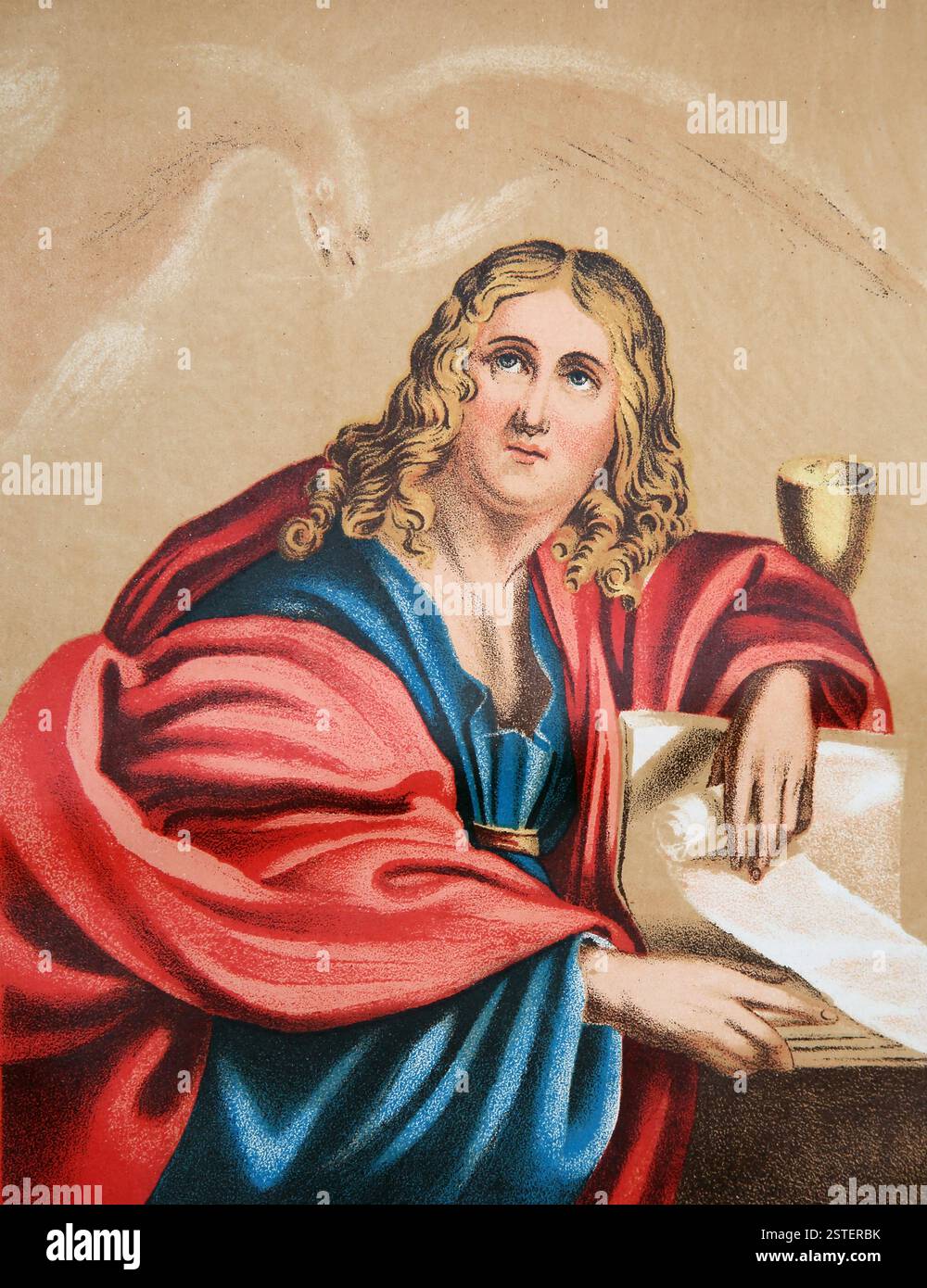 Chromo-Lithographie des heiligen Johannes des Evangelisten aus dem Antiken 19. Jahrhundert die praktische und hingebungsvolle Familienbibel mit Kommentaren von Heinrich und Schotten Stockfoto