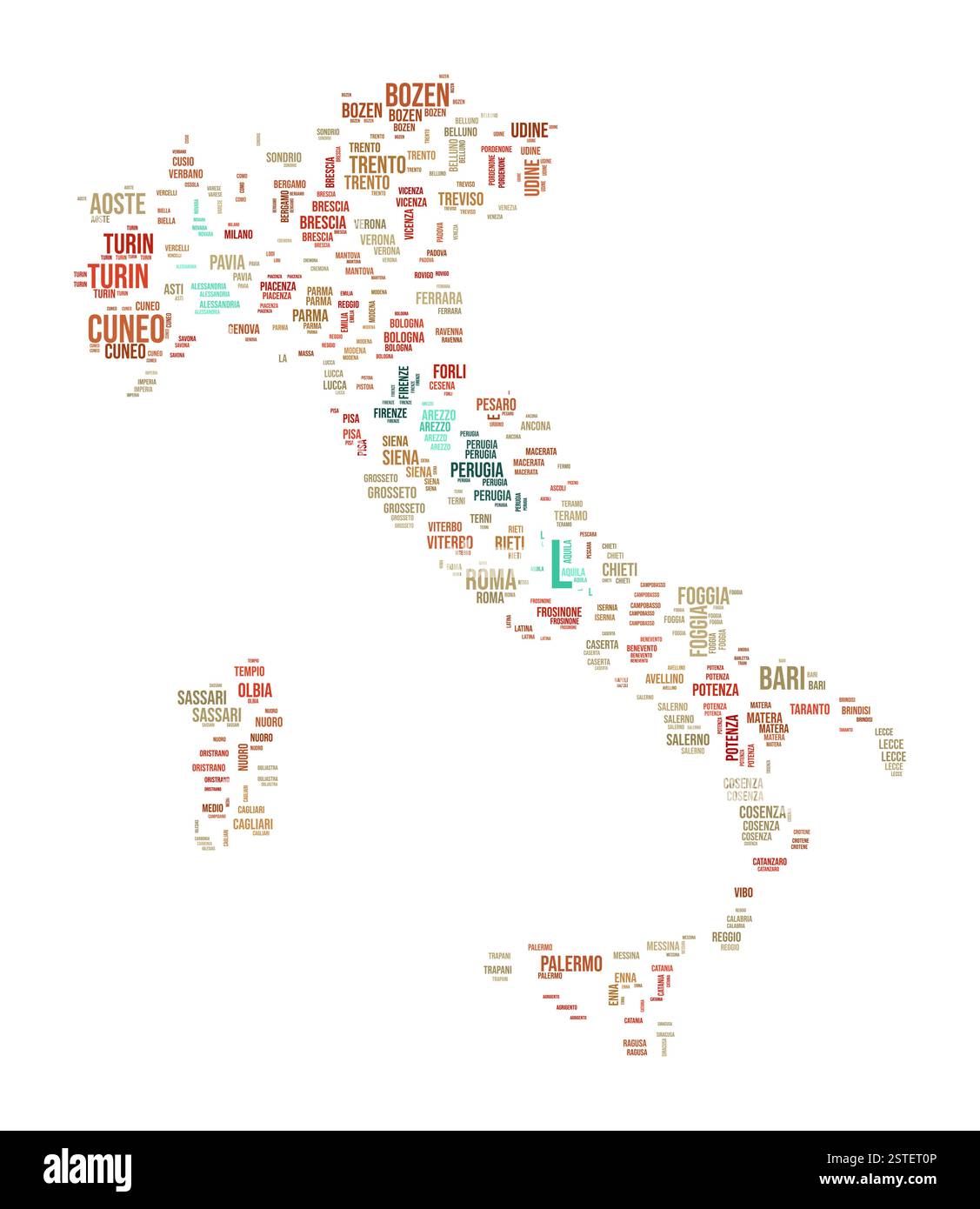 Word Cloud In Italien. Länderform mit Gebietseinteilung. Bild im typografischen Stil Italien. Bereichsnamen kennzeichnen Wolken. Vektorabbildung. Stock Vektor