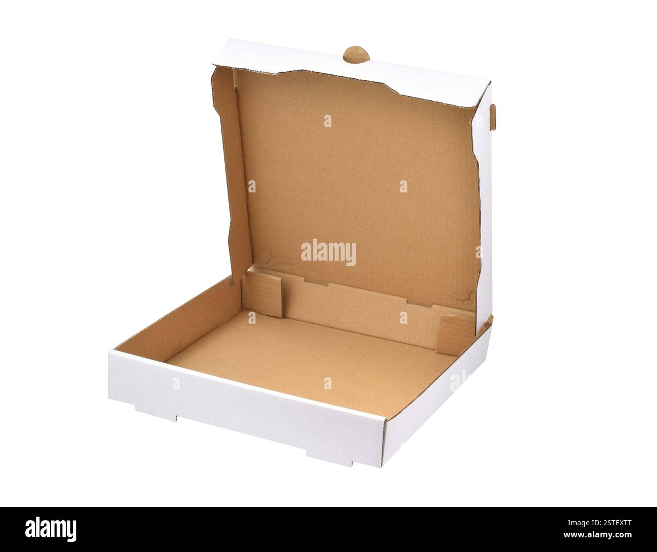 Leere Pizzakarton aus Pappe, isolierter Ausschnitt auf weiß Stockfoto