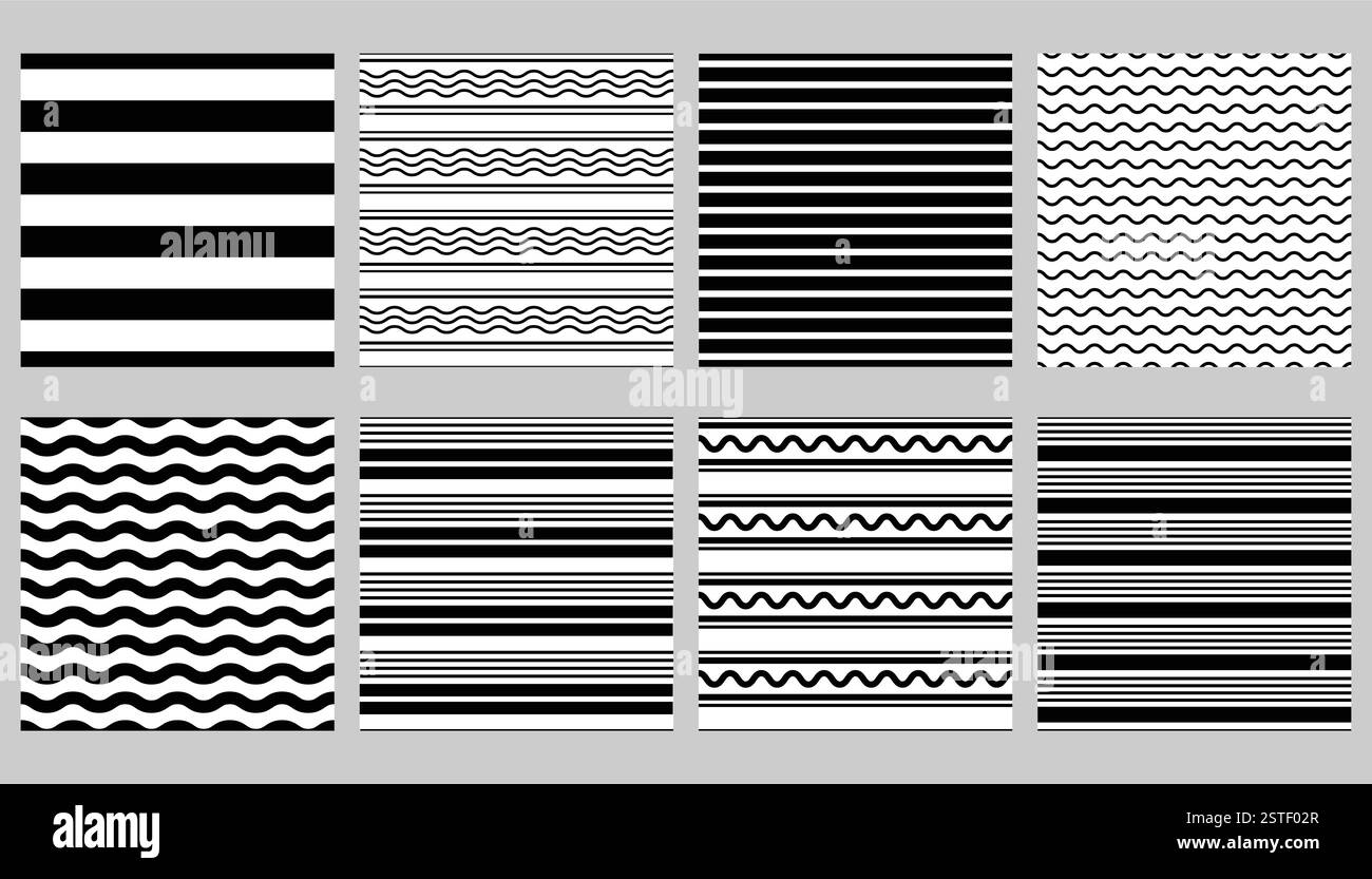 Kollektion nahtloser Streifenmuster mit einfachen sich wiederholenden Texturen. Abstrakte Hintergründe für Karten, Umschläge, Textilien oder Branding. Stock Vektor