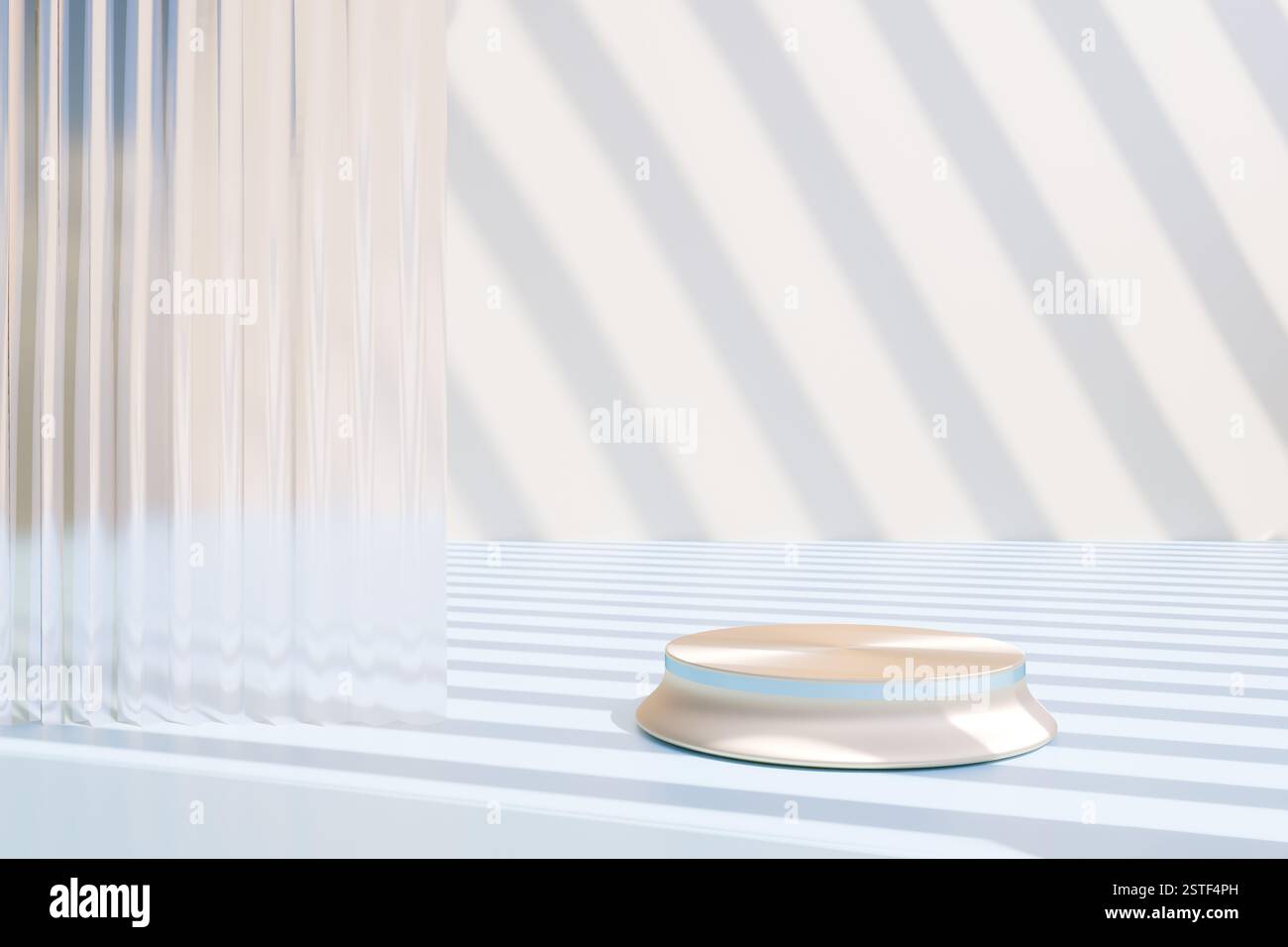 Abstrakte Komposition mit einem runden Podium zur Produktpräsentation und einer Glasrippenplatte. 3D-Rendering Stockfoto