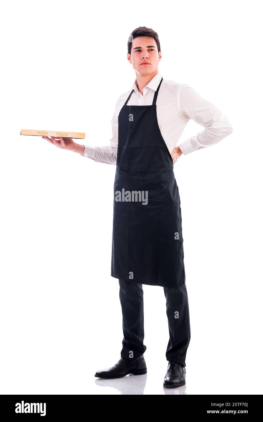 Attraktive junge Koch oder Kellner halten Pizza-Schachtel Stockfoto