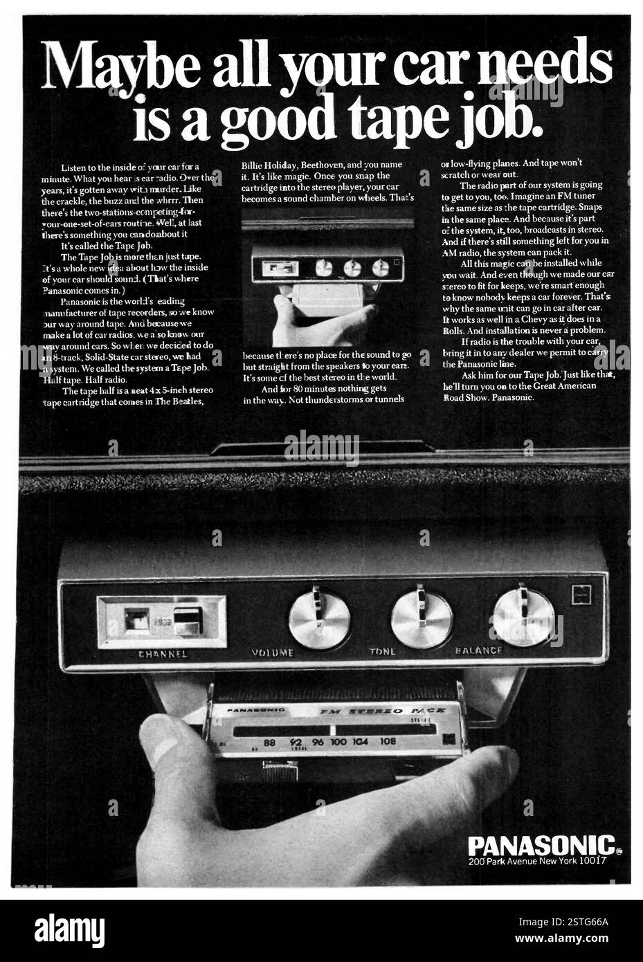 1968 US Panasonic Car Tape Player / Radiowerbung - "...All Your Car Needs is a good Tape Job" Stockfoto