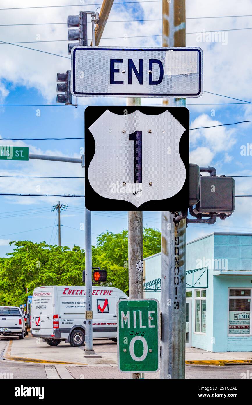 Key West, USA - 26. August 2014: Mile Zero in Key West, Autobahnschild Nr. 1 Florida Keys. Stockfoto