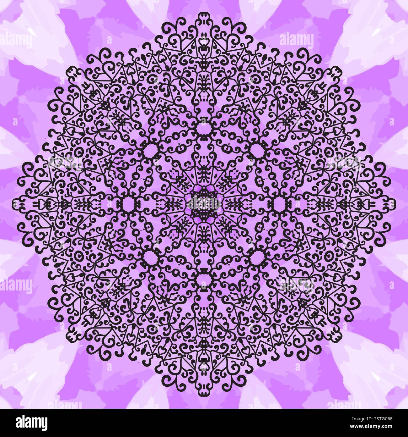 Mandala-Druck auf nahtloser violetter Textur. Vintage dekoratives Element endlos handgezeichneter Hintergrund. Orientalisches Vektormuster. Ist Stockfoto