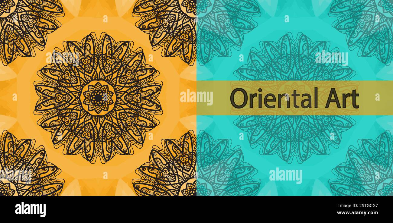 Einladungsumschlag basierend auf orientalischem Kunstdruck. Yoga Ornament, kaleidoskopisches Yantra. Nahtlose Spitze. Orientalischer Vektor. Islamisch, Arabi Stockfoto