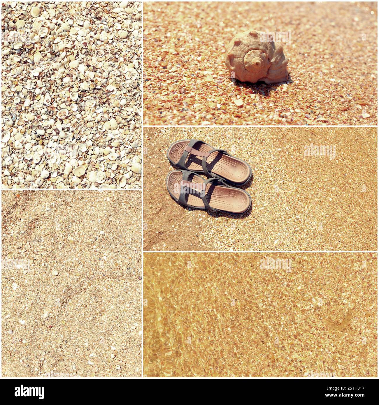 Collage aus getönten Bilder von vielen Strandzubehör - Meerwasser, Sand, Muscheln, Flip Flops Stockfoto