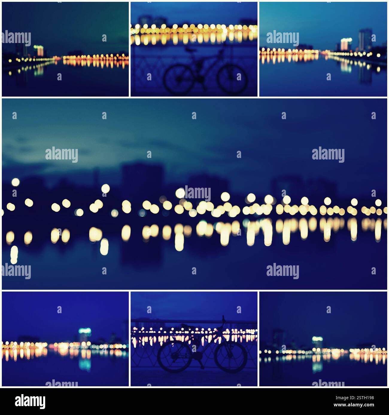 Zusammenfassung Hintergrund Collage aus schönen defokussierten Citylights, unscharfen Blick auf Skyline und Reflexion bei Sonnenuntergang Stockfoto